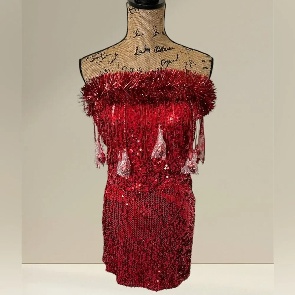 Love On A Hanger Red Sequin Tinsel Crop Top And Skirt- Size XS
